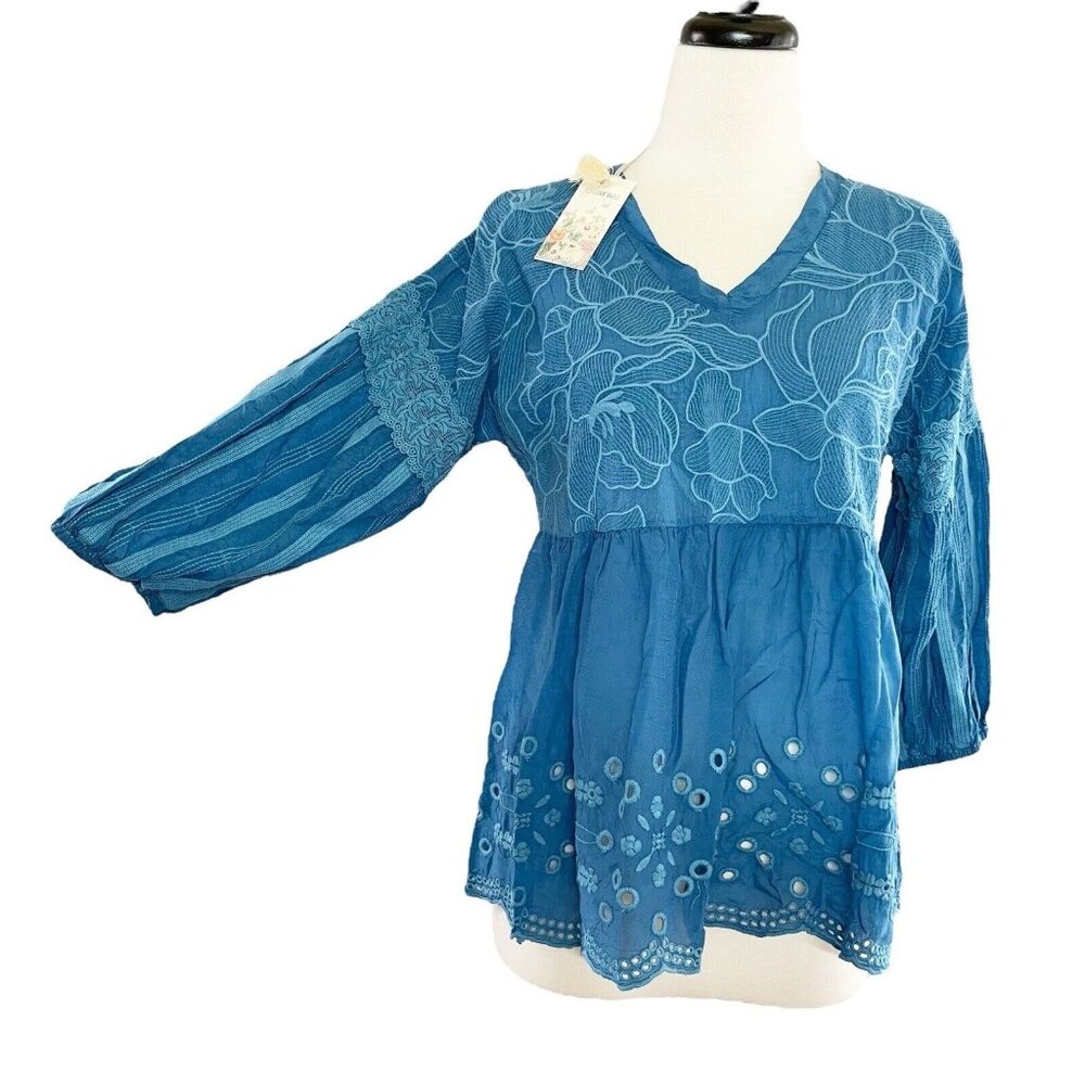 Johnny Was Gracie Latitude Blouse Women’s S Blue Embroidered Eyelet Lace Peasant